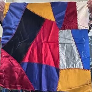 5 Swaths of Crazy Quilt Vibrant Satin Fabric c1930s/40s Individual 24x24”